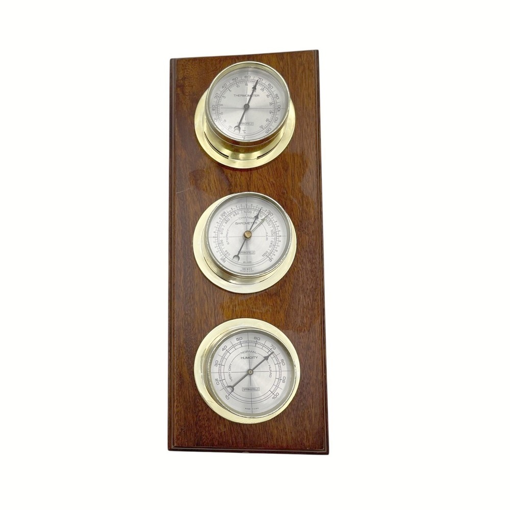 Vintage Springfield Wooden Plaque Wall Mounted Thermometer Barometer Hygrometer